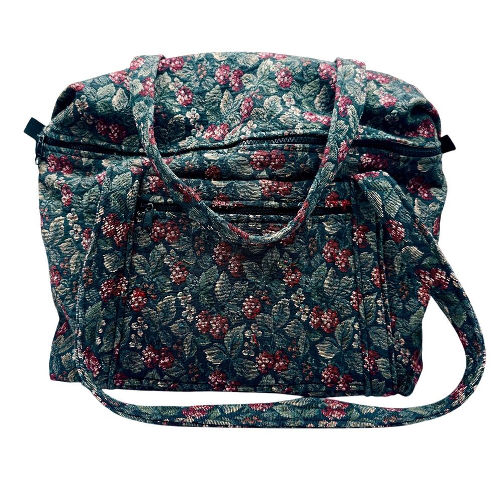 Vintage Navy Floral & Berry Tapestry Shoulder Tote Bag Handmade NH 15x14 USA